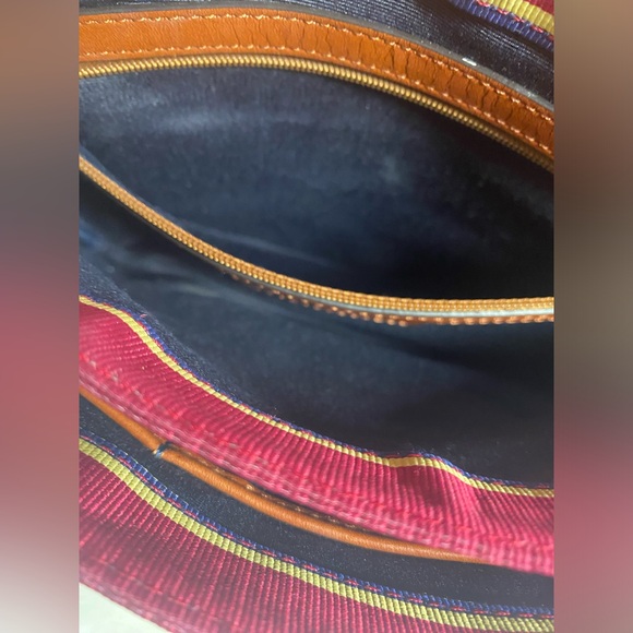 Brooks Brothers Brown Leather Red Multi Striped Fabric Crossbody Bag Purse - Picture 16 of 16